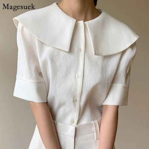 Korean Turn-down Collar Women Blouses Summer Vintage Short Sleeve Loose White Shirt Elegant Button Up Blouse Women Blusas 14383