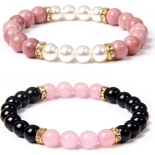 Pink Quartzs Bracelet Black Onyx Natural Freshwater Pearl Bangle Rhodochrosite Beaded Bracelet For Women Men Exquisite Jewelry