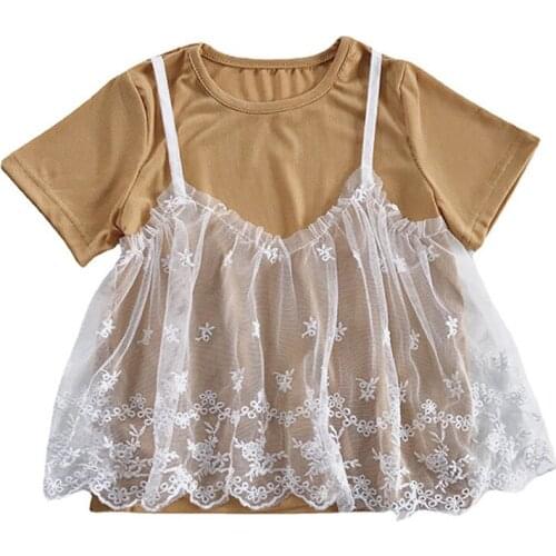 Hollead Toddler Kids Lace T-Shirts Girls Mesh Patchwork Tshirt Summer Fashion Costume Student Party Performance Clothing