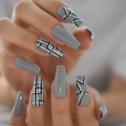 Nail Art False Nails Coffin Grey Press On Medium Long With Designs Fake Nails Stick On Nail Display Faux Ongles Shimmer