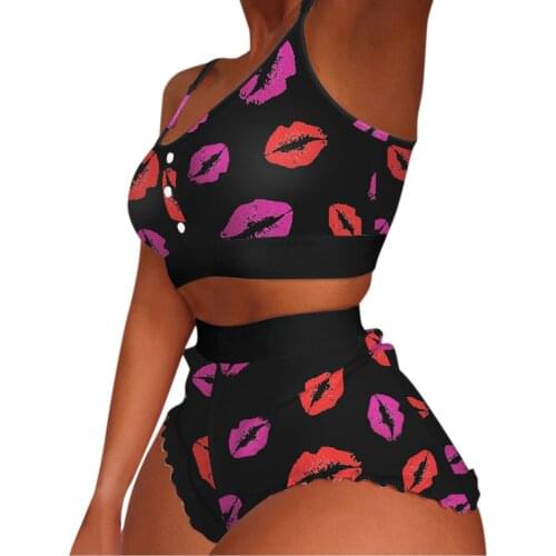 New Women Fashion Sexy Lip Printing Underwear Set Lace Up Lingerie Set Plus Size Underwear Female Soft High Waist Panties Set