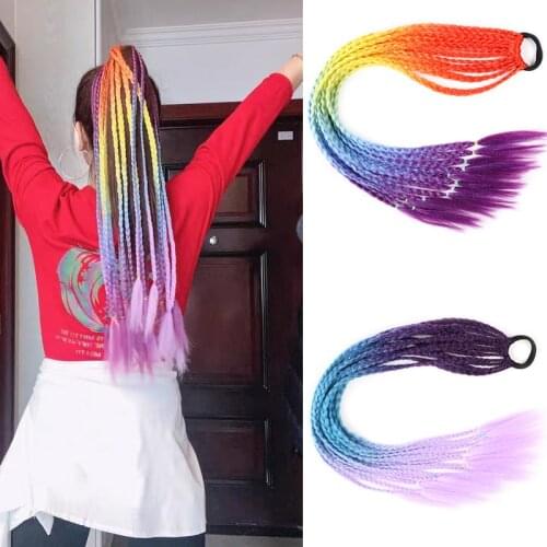 Full Star Colorful Box Ponytail Hair Extensions False Overhead Tail With Rubber Elastic Band Braiding Rainbow Hairpiece Pigtail