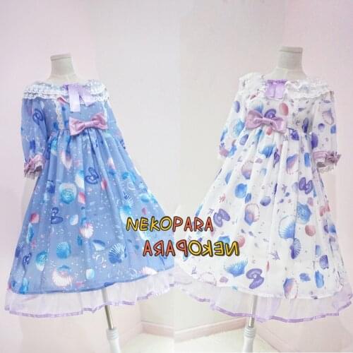 Fancy Shell Kirakira Kawaii Girls Lolita OP Dress Summer Short Sleeve Bubble Dress White & Blue