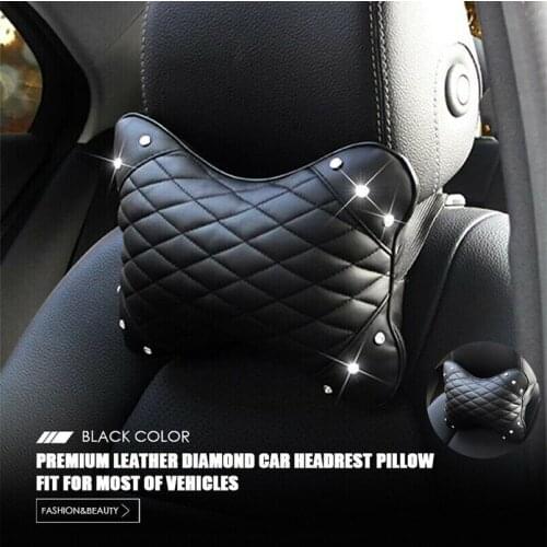 2Pcs 1 Pair Leather Rhinestone Car Seat Pillow Headrest Pad Head Neck Rest Auto Cushion For Most of Car