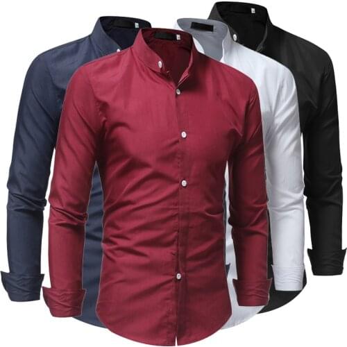 Mens Mandarin Collar Casual Formal Long Sleeved Shirt Men Button Up Blouse Camisas Black Shirts for Men