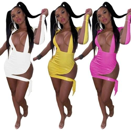 Sexy Sheer Mesh Patchork High Elastic Leather Dress for Women Deep V Neck Long Sleeve Bodycon Bandage Club wear Party Dresses