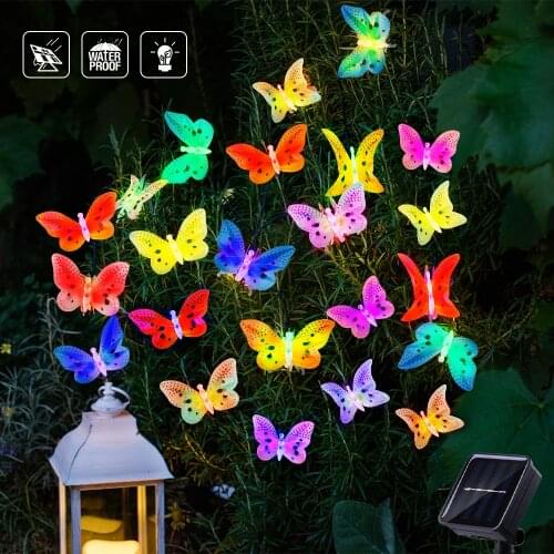 LED Solar Powered Butterfly Light String Fiber Optic Outdoor Fairy Lights 2/8 Modes Waterproof Garden Yard Decor Lamp 12/20Led