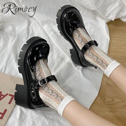 Rimocy Women Japanese Patent Leather Lolita Shoes Round Toe Chunky Heels Ankle Strap Pumps Woman Retro Mary Janes Platform Shoes