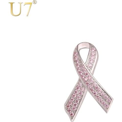U7 Women Brooches Corsage Jewelry CZ Inlaid Breast Pink Ribbon Brooch