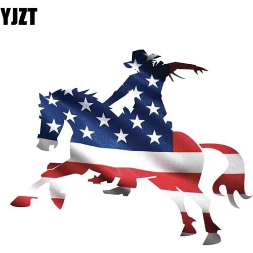 YJZT 10.8CM*8.9CM Creative AMERICAN Flag Cowboy Funny Horse Car Sticker Decal PVC 6-0317