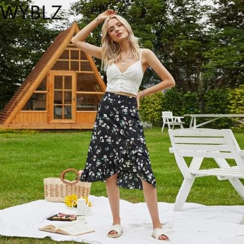 WYBLZ Floral Skirts for Summer Women New Midi Skirts Flounce Irregular High Waist Mermaid Skirts Slim Bodycon Elegant Ladies