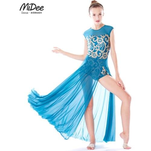 MiDee Stage Dance Long Skirt Costume Shiny Adult Ballet Leotard Dress for Women Gymnastics Modern Dance Professional Ballerina