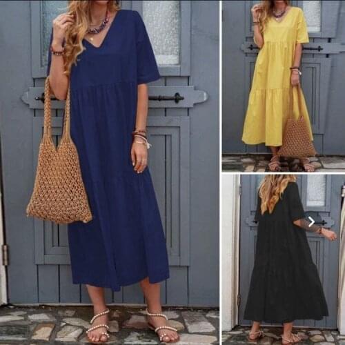 Womens short-sleeved V-neck solid color cotton and linen casual comfortable loose long skirt