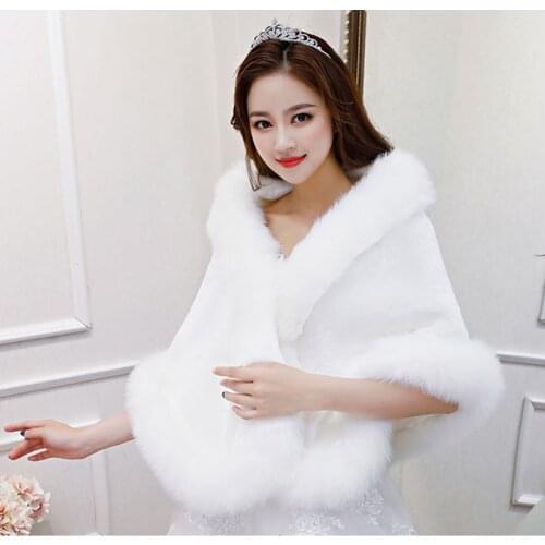 Women Winter Warm Bridal Wrap White/Red Faux Fur Wedding Coat Cape Bridal Shawl
