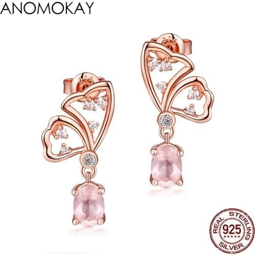 Anomokay Purple Crystal Openwork Flower Rose Gold Color Earring for Women Gift European & American Trendy 925 Silver Earring