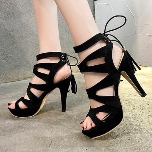 Gladiator Roman Summer Sandals tassel Cross-tied sandals Women New Sexy Hollow Peep Toe high heels big size 35-42 platform heels