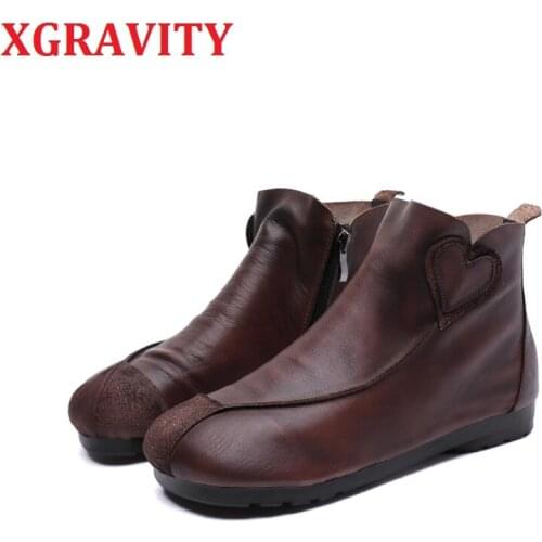 XGRAVITY S153 New Cow Genuine Leather Womens Boots Fashion Round Toe Heart Shaped Design Ladies Boots Flat Shoes Female Shoes