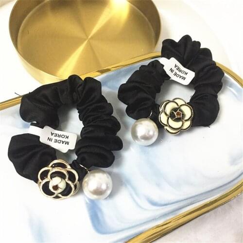 Women Elastic Hair Ties Bands Adult Black Camellia Flower Pearl Fashion Head Wear Girl Hair Accessories