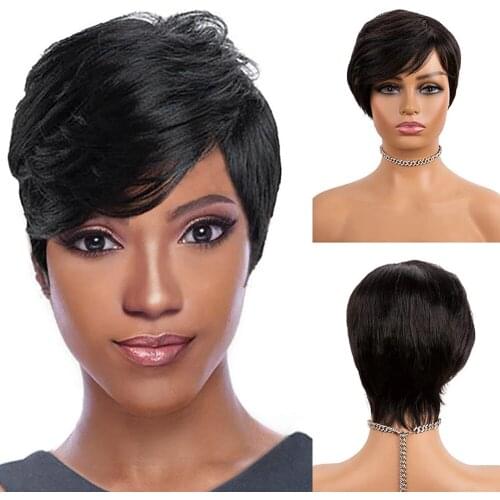 6 Inch Short Straight Wigs Pixie Cut Wig Natural Black (1B) - 100% Human Hair Short Wigs Layered Pixie Cut Wigs For White Women