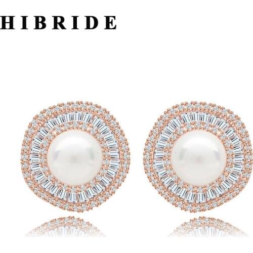 HIBRIDE Luxury New Rose Gold Color Simulated-Pearl Stud Earrings For Women Jewelry Shiny Cubic Zirconia Wedding Earring E-255