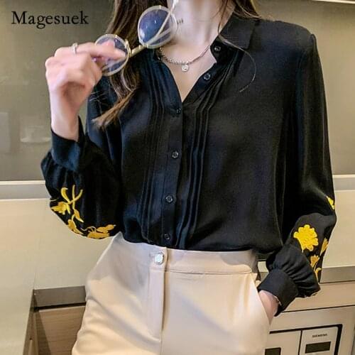Women Floral New 2021 Embroidery Office Lady Turn Down Collar Shirts Women Blouse and Tops Black Chiffon Female Clothing 12863