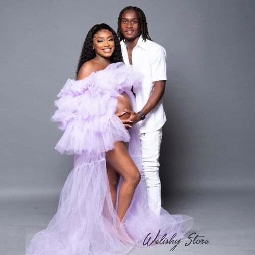 Lavender High Low Length Tiered Ruffled Women Sheer Tulle Dresses Off The Shoulder Photo Shoot Birthday Party Skirt Plus Size