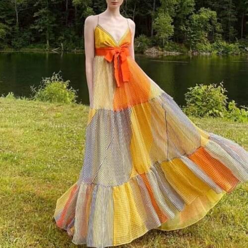 Seaside holiday dress 2021 summer new chiffon sexy high waist temperament elegant sling contrast color long skirt