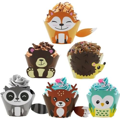 12pcs/lot Cartoon Animal Owl Fox Cupcake Wrapper Kids Birthday Party Cake Supplies Baby Shower Dessert Table Decoration