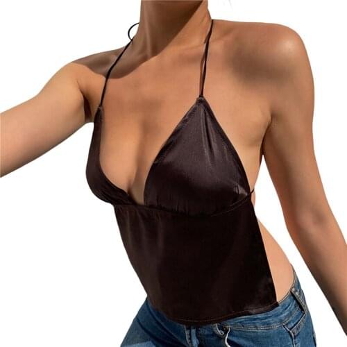 2021 Fashion Trend Women Ladies Halter Tank Tops Deep V Neck Lace Up Backless Camisoles Vest Club Wear Summer Sun-Tops