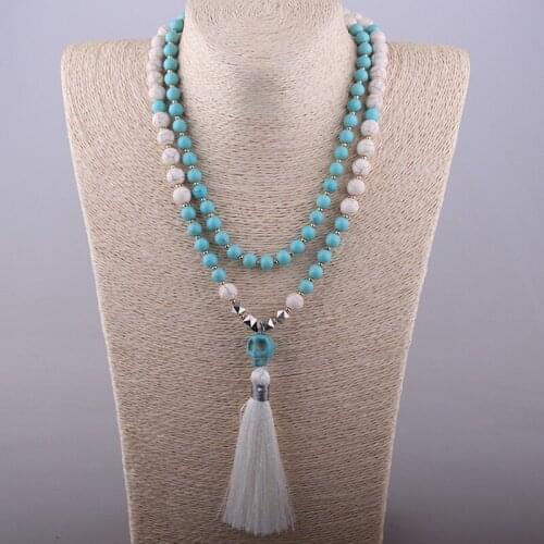 Free Shipping Bohemian Jewelry Fashion Beautiful Calaite Stone Skull Head Tassel Necklace