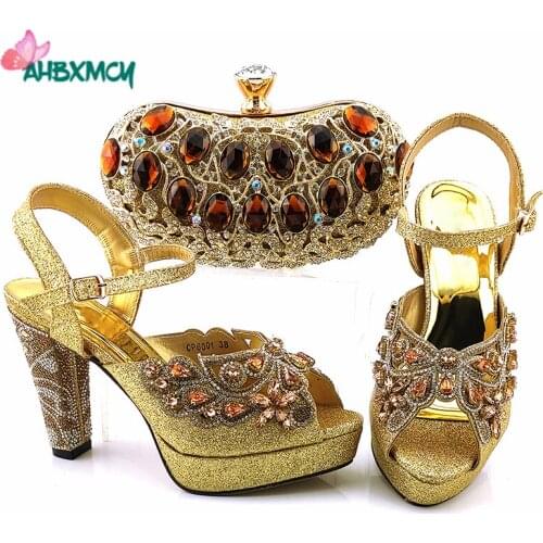Slingbacks Mature Italian Women Shoes Matching Evening Bag in Golden Color High Quality New Design African Ladies Shoes adn Bag
