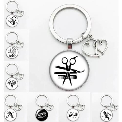 Love In The Hair Hair Stylist Photo Round Glass Cabochon Keychain Car Keychain Ring Holder Charm Gift Keychain
