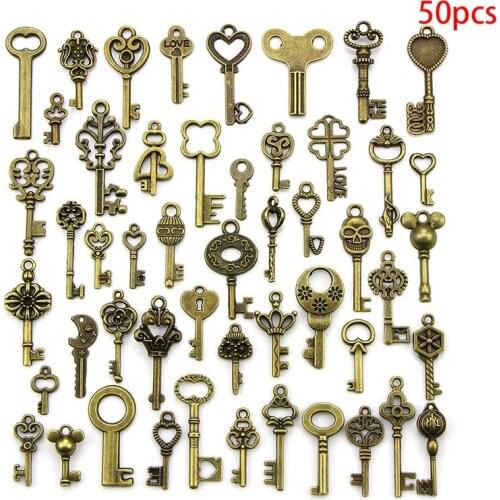 50PCS DIY Mixed Vintage Key Charms Pendant Steampunk Bronze Jewelry Making Accessories Cheap Wholesale
