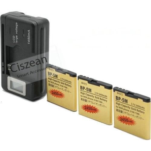 Ciszean 3x BP-5M BP5M BP 5M Gold Replacement Battery For Nokia 7390 5610XM 5611XM 5700 6220C 6500S 7390 2450mAh + LCD Charger