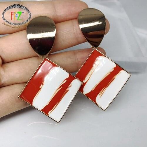 F.J4Z New Women Statement Earrings Punk Red & White Enamel Square Drop Earrings Ladies Earrings Gifts Brincos Bijoux Dropship