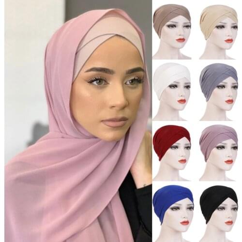 Criss Cross Hijab Underscarf Bonnet Elastic Jersey Headband Inner Hijab Easy Cap Under Scarf for Muslim Women Islam Chemo Hats