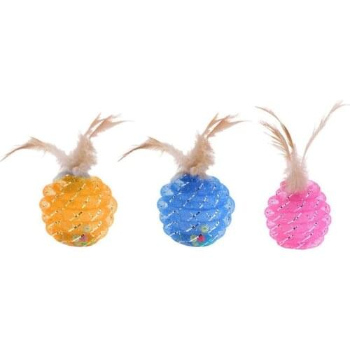 Pet Cat Toy Round Wire Tube Ball Cats Interactive Teaser Toys with Feather