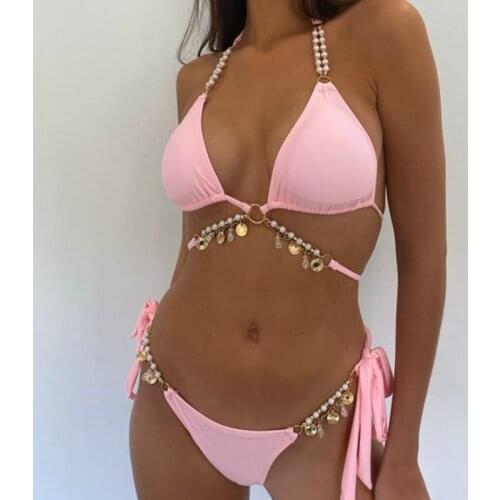 2Pcs Womens Bikini Swimwear Set Sexy Halter Pearl Crystal Pendant Lace-up Bra Solid Color Elastic Panties Summer Beachwear