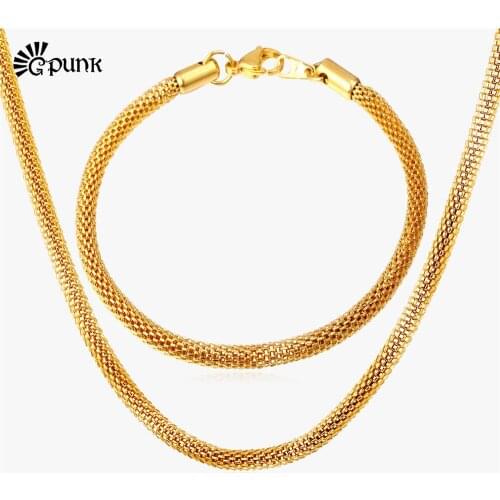 Net Chain Men Necklaces Bracelet Jewelry Set yellow Gold color 316L Stainless Steel chains for boys S1605G