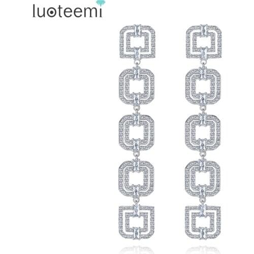 LUOTEEMI Exaggerated Long Drop New Fashion Brand Luxury Full Zircon Square Statement Dangle Earrings For Women Jewelry Bridal