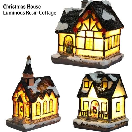 Miniature Figurines Cute Dreamy Snow Scene Cottage House with Light Christmas Desk Ornament Accessories Craetive Kids Toy Gift