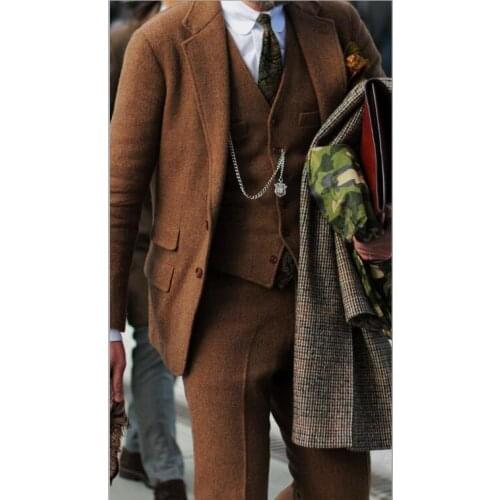 2017 Latest Coat Pant Designs Winter Brown Tweed Men Suit Slim Fit 3 Piece Tuxedo Custom Groom Blazer Prom Suits Terno Masculino