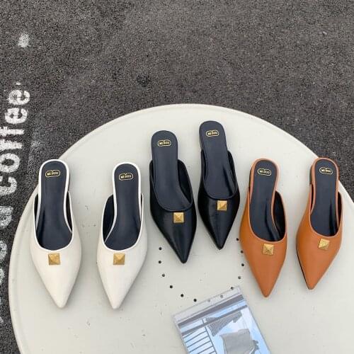2021 Spring and Summer New Shallow Mouth Pointed-Toe Flat Heel Muller Semi-Slipper Sandals