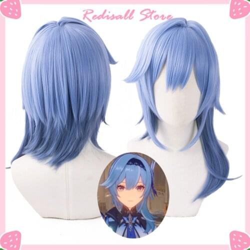 Gradient Blue Cosplay Genshin Impact Eula Wig Synthetic Short Straight Heat Resistant Hair Adult Women Free Wig Cap