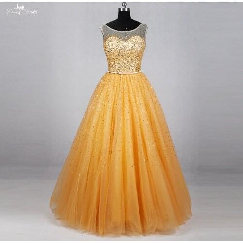 RSE778 Sleeveless Gold Gowns Sequin Prom Dress