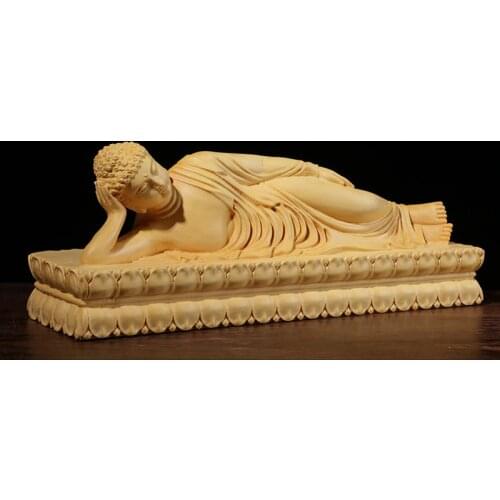 Boxwood 20cm Buddha Sculpture Wood Carving Lying Buddha Statue Worship Shakyamuni Home Decor