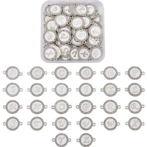 52pcs/box Alloy Enamel Links Connectors with Crystal Rhinestones Flat Round with Letter Alphabet for Jewelry Making 22x16x2mm