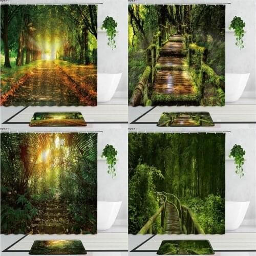 Sunny Forest Corridor Landscape Shower Curtains Tropical Green Jungle Natural Scenery Bathroom Fabric Bath Curtain Carpet Mat