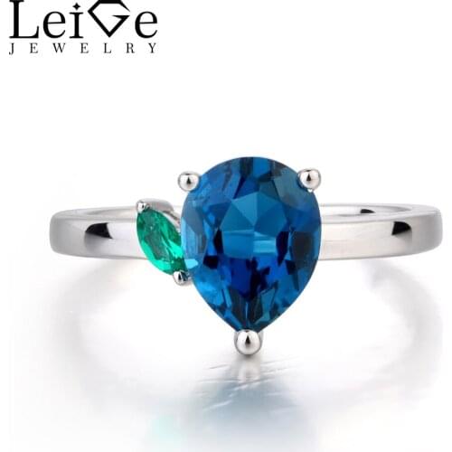 Leige Jewelry Anniversary Ring London Blue Topaz Ring November Birthstone Pear Cut Gemstone 925 Sterling Silver Gifts for Girls