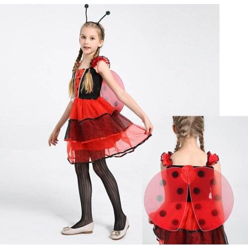 Party Children Girls Princess Red Ladybird Wing Headband Skirt Fairy Cosplay Set Christmas Halloween Costume For Kids Props